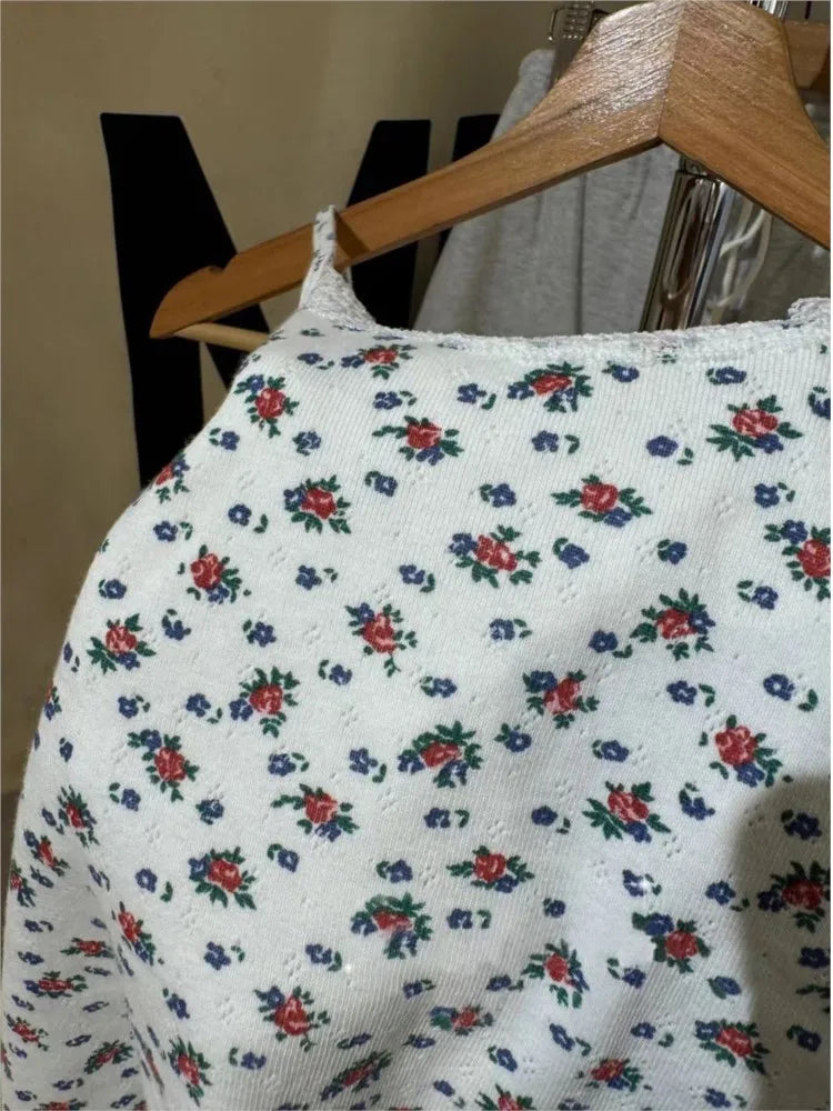 Red Floral Eyelet Slim Tank Top Women Spring Lace Trim Sleeveless Cotton Crop Tops Casual Sweet Cute Preppy Style Y2K Camisole