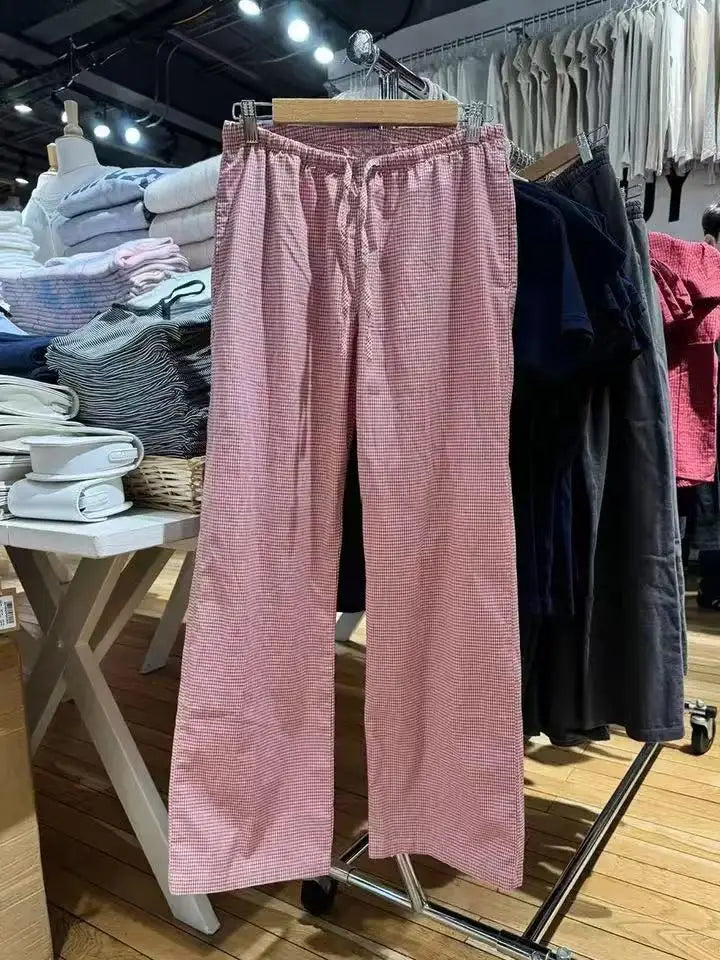 New Pink Striped Drawstring Long Pants Women Cotton Casual High Waist Simple Wide Leg Pant Vintage Loose Streetwear Chic Trouser