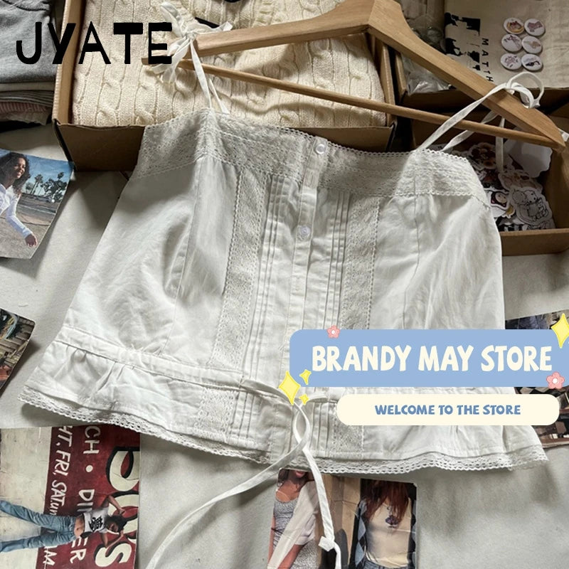 White Buttons Slim Sleeveless Vests Women New Casual Cotton Lace Drawstring Hem Cropped Camis Sweet Cute Vintage Crop Tops Y2K
