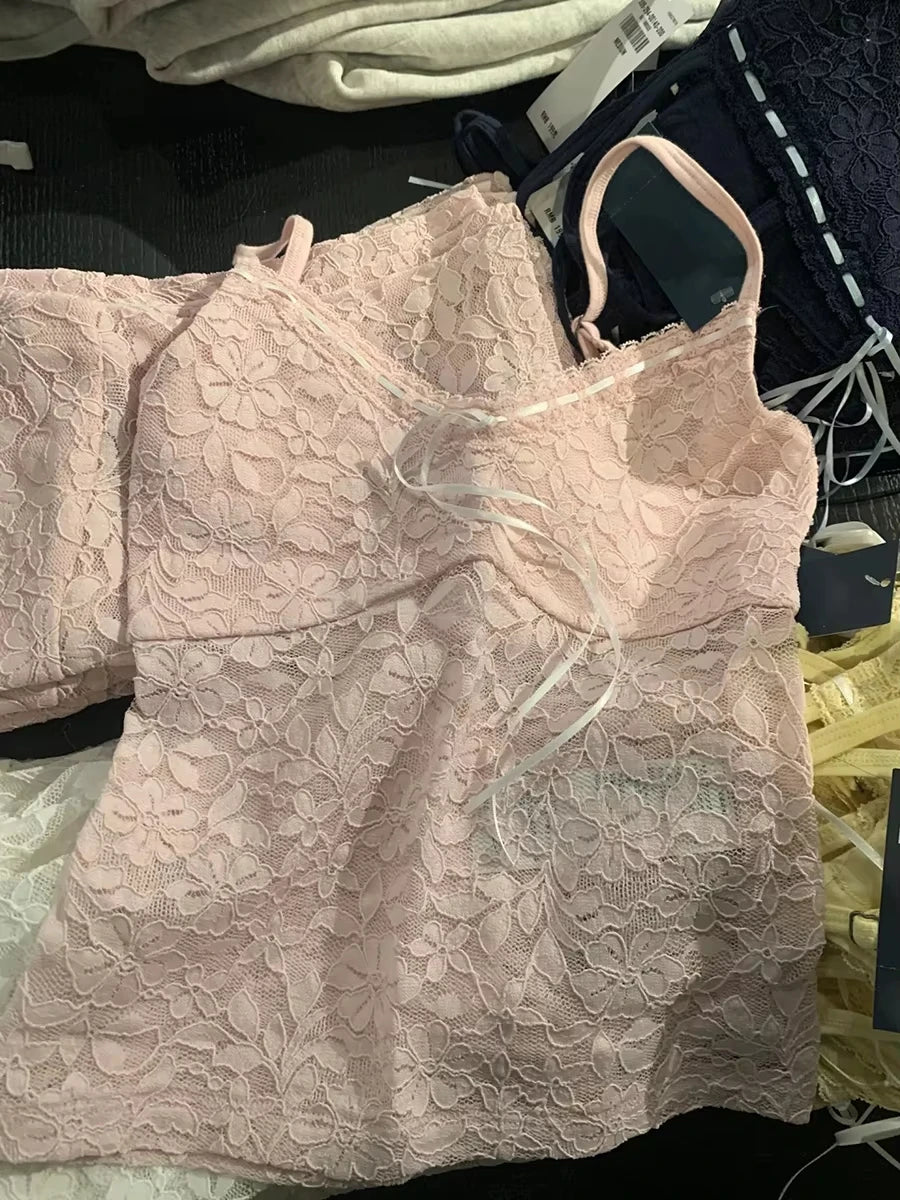 Claret Lace Bow V-Neck Tank Top Summer Sleeveless Thin Slim Sleeveless Vest Women Sweet Vintage Streetwear Sexy Crop Tops Y2k