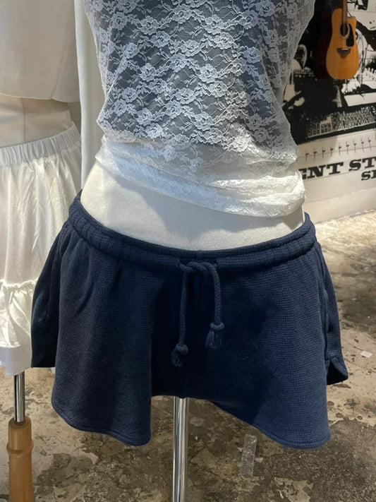 Navy Waffle Sports Shorts Women New Casual Pockets Drawstring Elastic High Waist Short Vintage Cute Preppy Style Short Pants