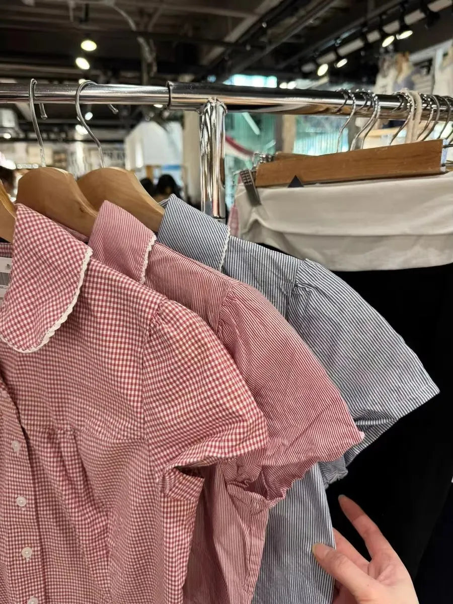 Cute Pink Plaid Peter Pan Collar Blouse Women New Casual Streetwear Buttons Short Sleeve Tee Sweet Preppy Style T-shirts Y2K Top