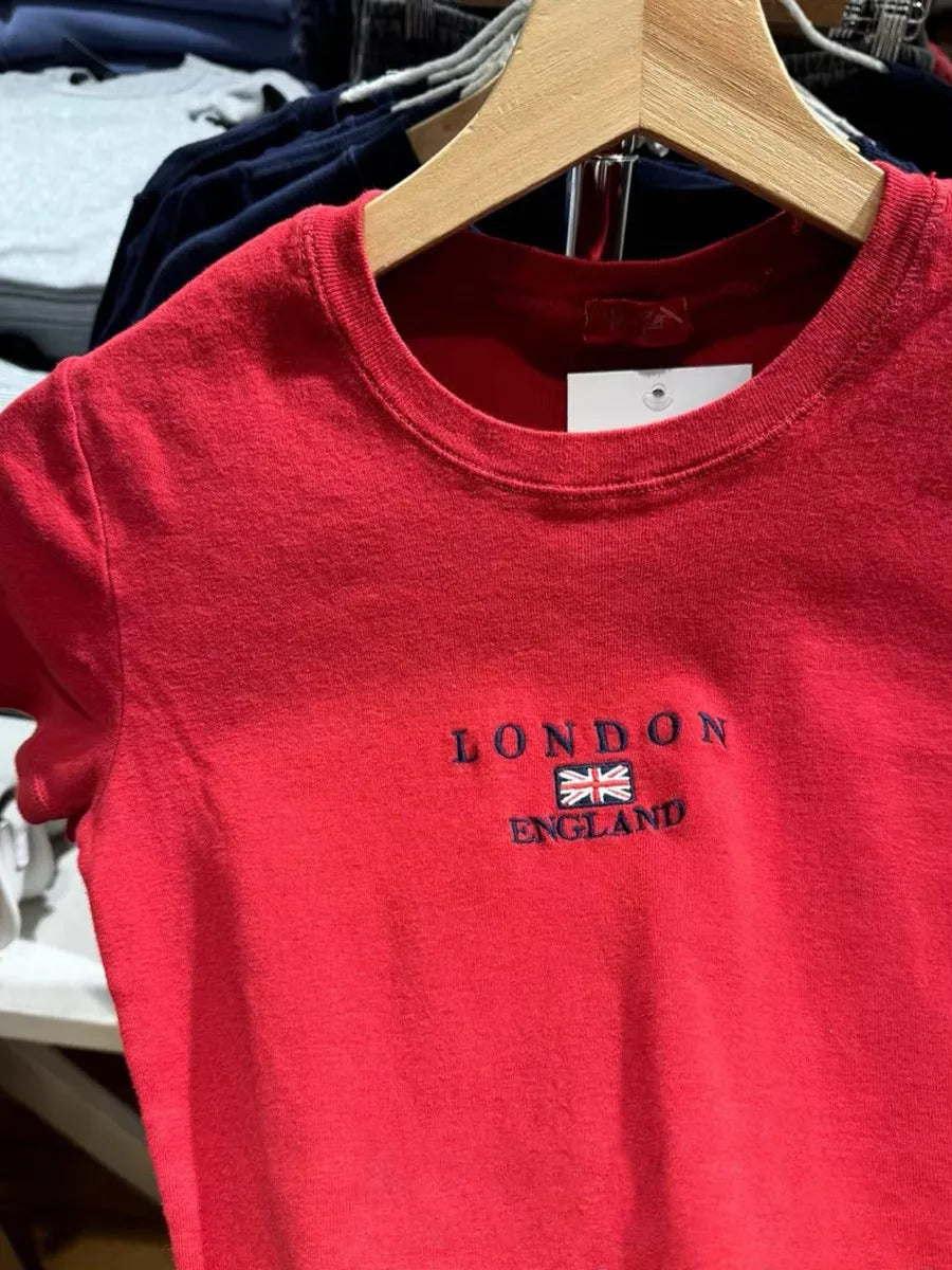 Vintage Red Letter Flag Embroidery Cotton T-shirt Women O-neck Summer Short Sleeve Tee Shirt American Slim Casual Crop Y2K Top