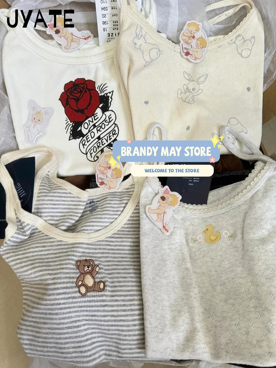 Cute Rabbit Print Eyelet Camisole Women New Cotton Casual Lace Trim Preppy Style Sleeveless Vests Sweet Cozy Pajamas Tank Tops