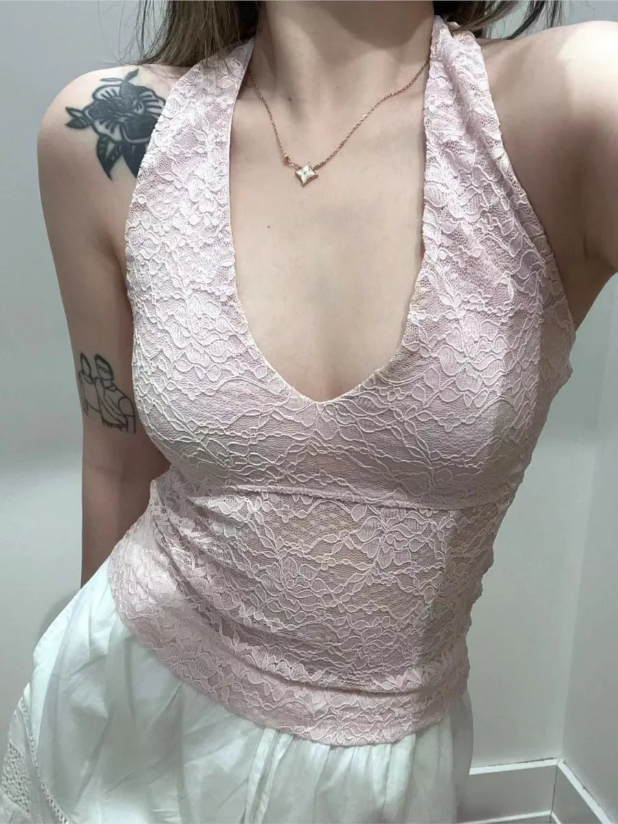 Lace See Through Halter Neck Tank Tops Women New Casual Sexy Streetwear Cotton V-neck Sleeveless Vests Sweet Chic Vintage Camis