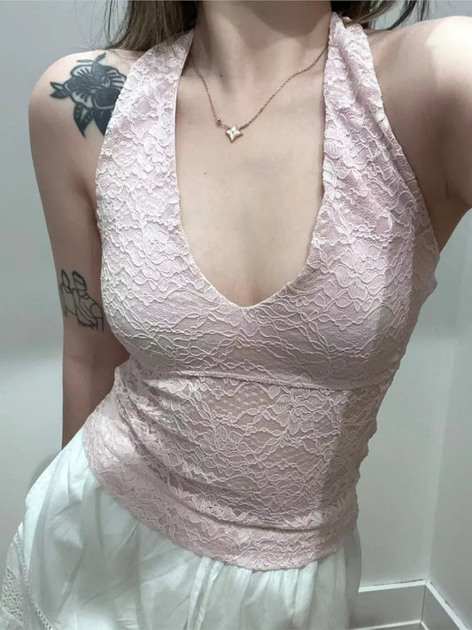 Lace See Through Halter Neck Tank Tops Women New Casual Sexy Streetwear Cotton V-neck Sleeveless Vests Sweet Chic Vintage Camis