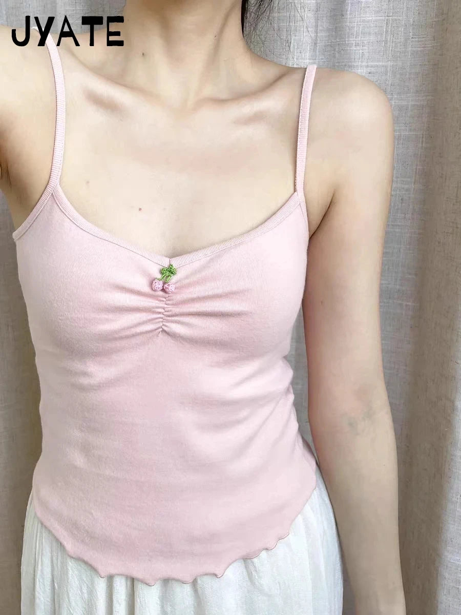 New Sweet Tie Flowers Fungus Trim Camis Women Cotton Streetwear Slim Simple Cropped Vests Cute Basic Preppy Style Tank Tops Y2K