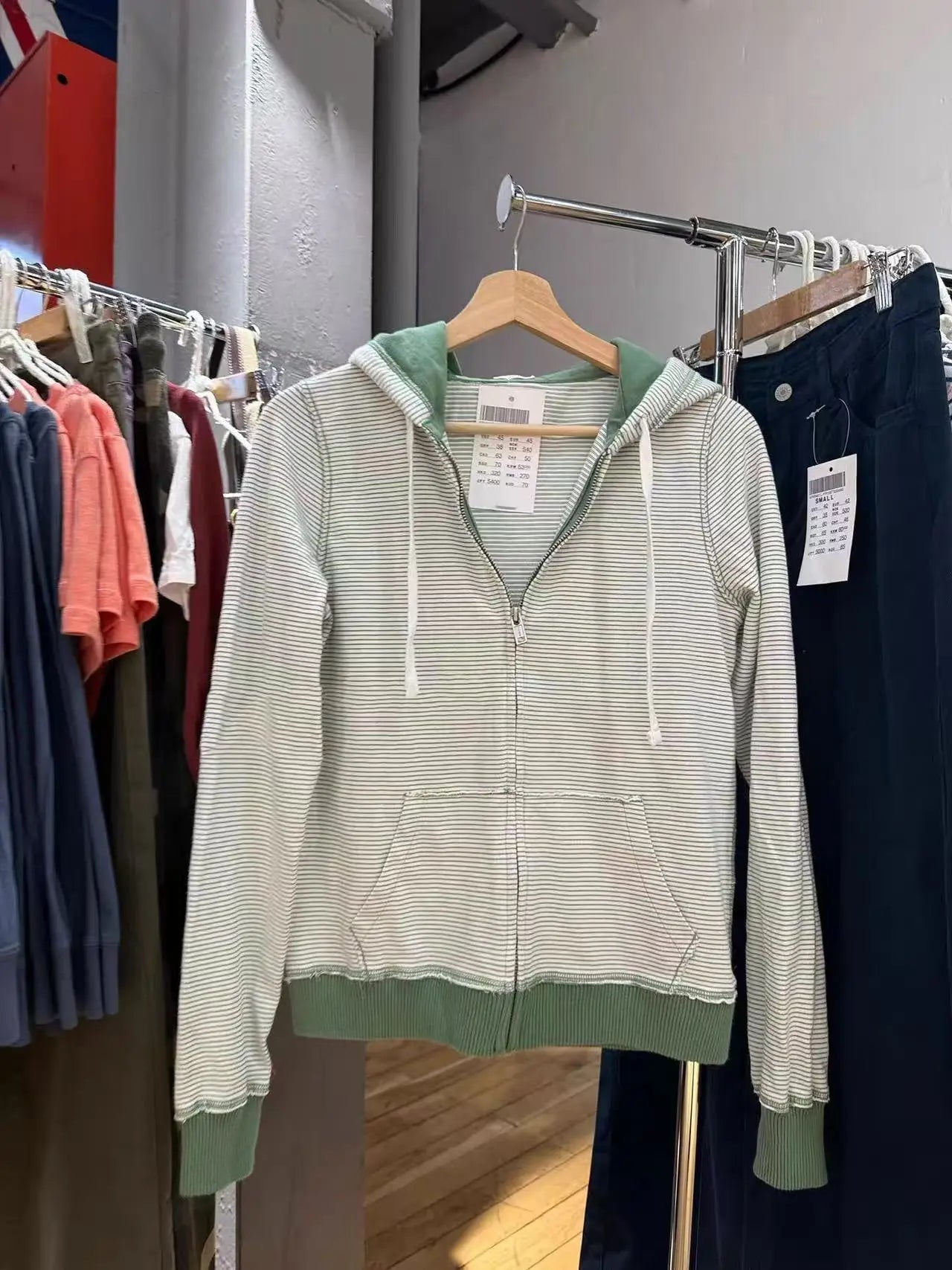 Green Striped Sweatshirts Women Autumn Cotton Pockets Hoodies Vintage Sweet Cute Coat