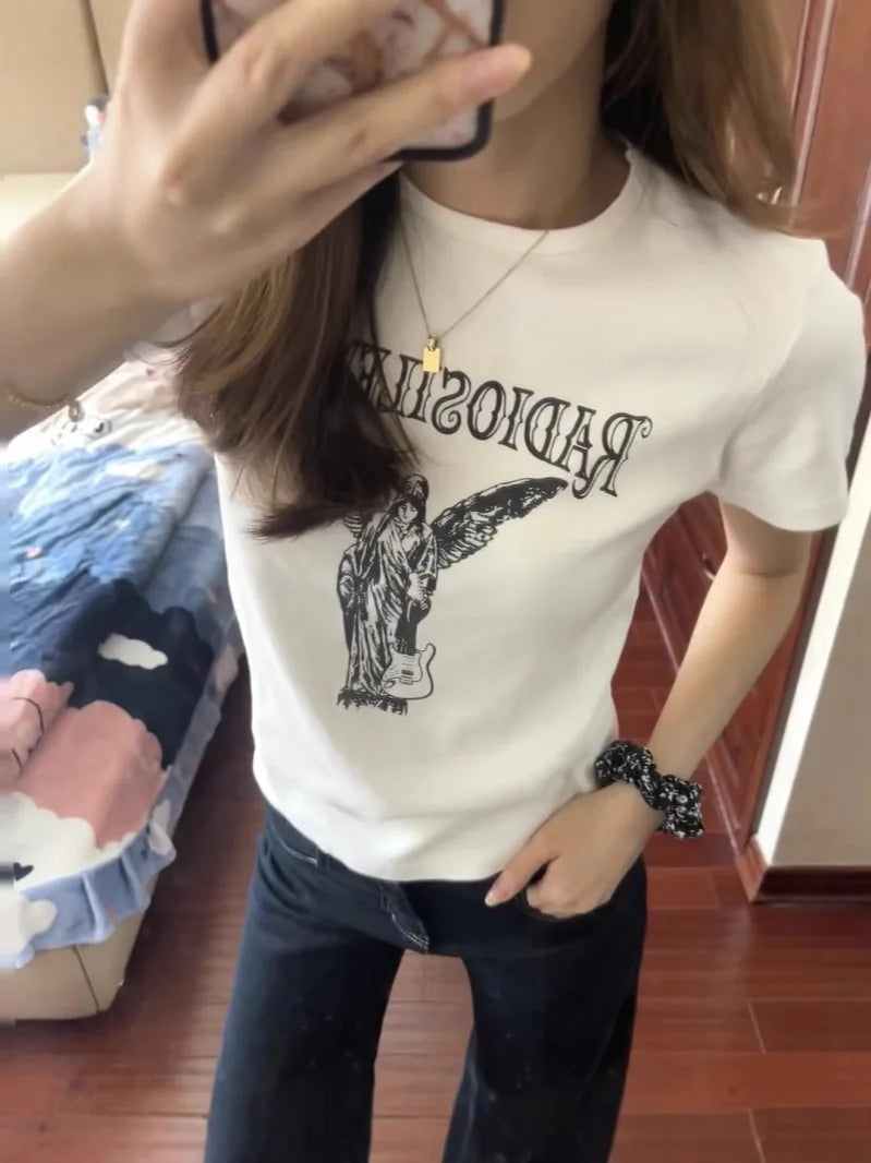 Letter Print White T-shirt Women New Casual Streetwear Cotton Round Neck Short Sleeve Tee Shirt Vintage Sweet Tshirts Y2K Tops