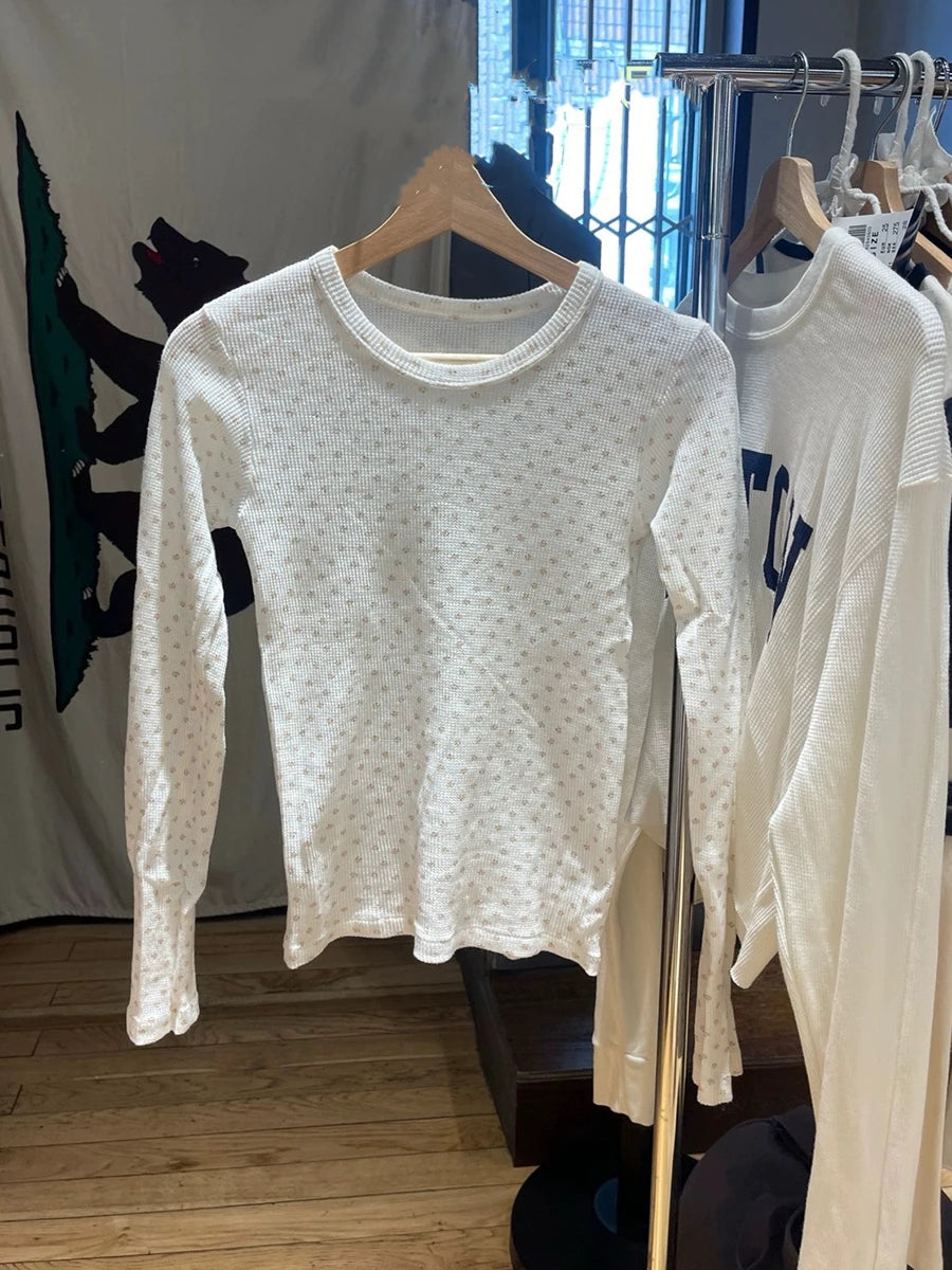 Sweet Orange Floral Print Waffle Long Sleeve Tees Women Autumn Cotton Caasual Streetwear O-neck Slim Tops Cute Chic Y2K T-shirts