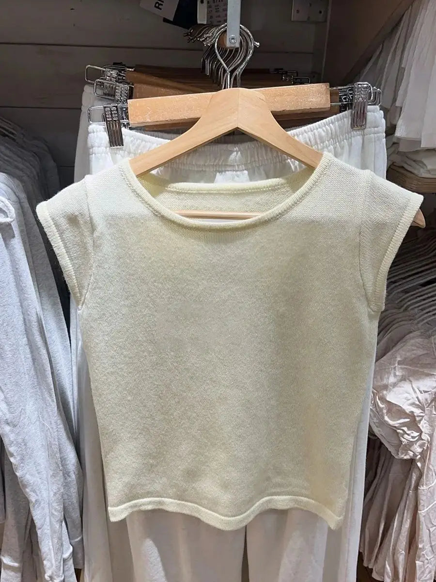 New Beige Knitted Slim Crop Top Women Summer Casual Chic Round Neck Sleeveless Cotton Camisole Simple Sweet Basic Vest Y2K Tops