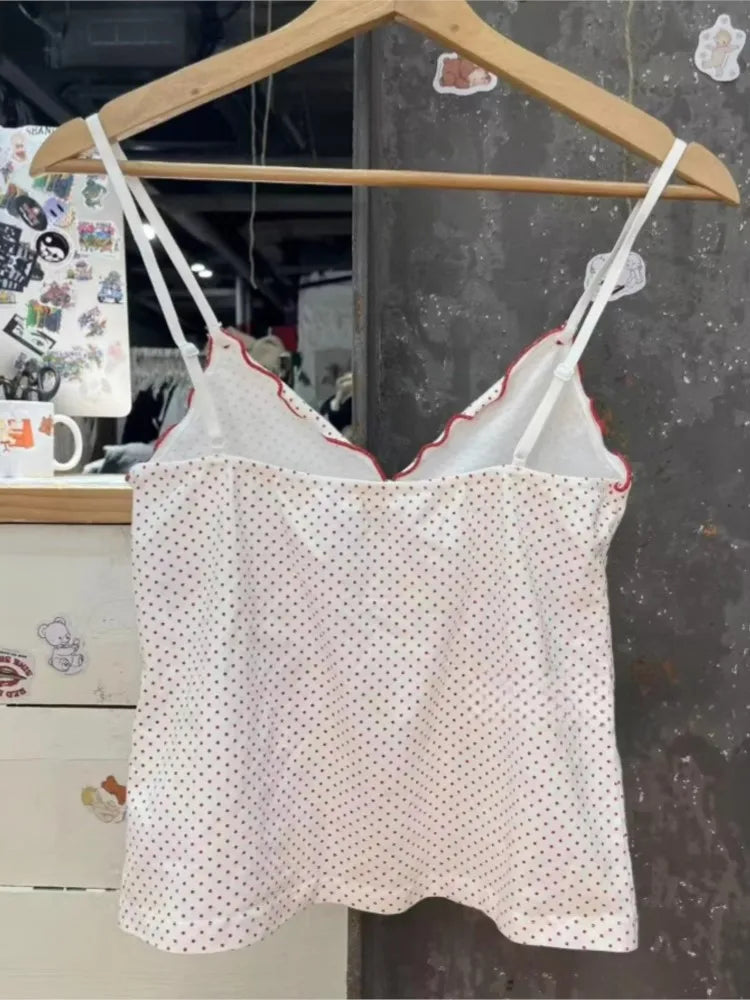 New Red Dot Fungus Trim Bow Tank Tops Women Casual Cotton Slim V-neck Sleeveless Camisole Sweet Cute Preppy Style Crop Top Y2K