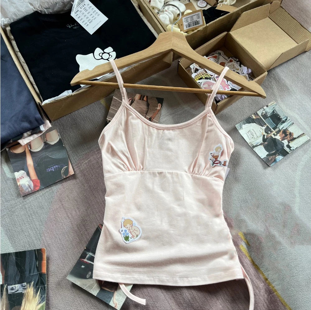 Sweet Pink Back Lace-up Camisole Women Summer Casual Cotton Sleeveless Tank Tops Female Vintage Preppy Style Cute Vests Y2K Top
