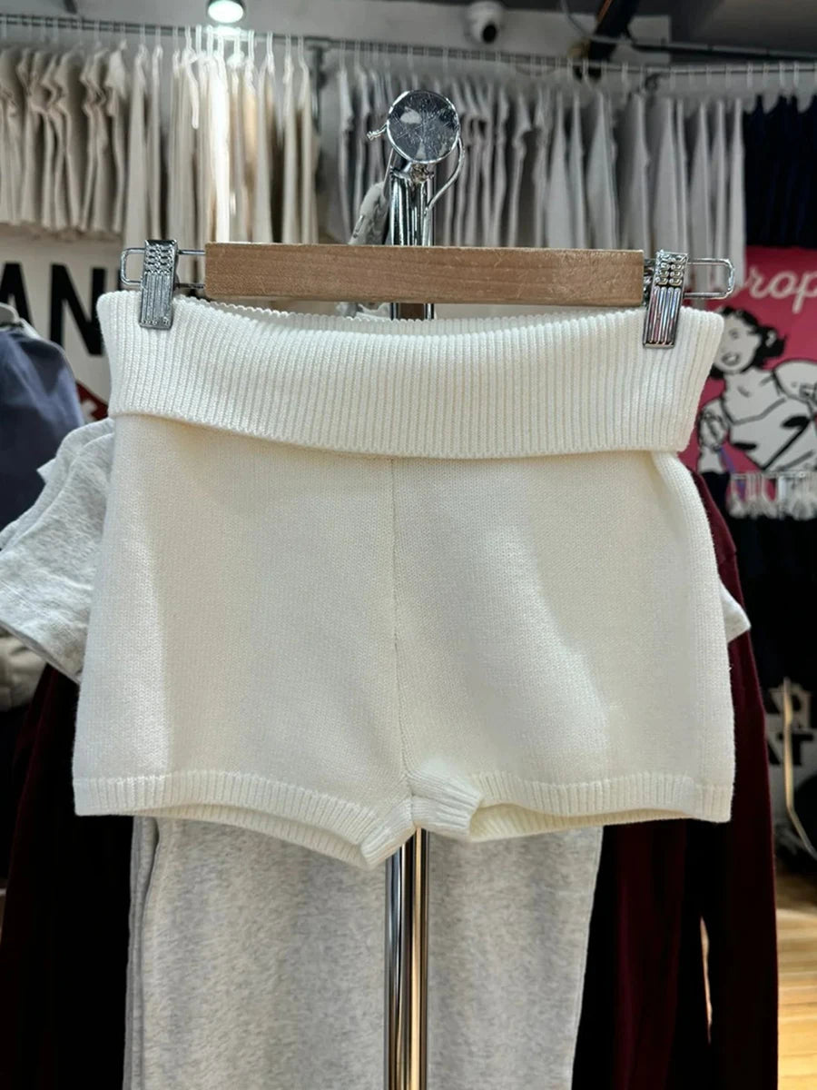 Flanging Knit Shorts Women Spring Elastic Waist Cotton Striped Straight Short Pants Sweet Home Underwear Y2K Sweatshorts