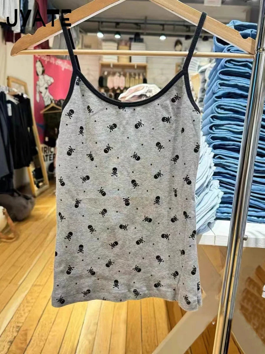 Harajuku Skull Print Patchwork Sleeveless Vests Women New Cotton Casual Streetwear Cute Tank Tops Vintage Chic Slim Camisole Y2K