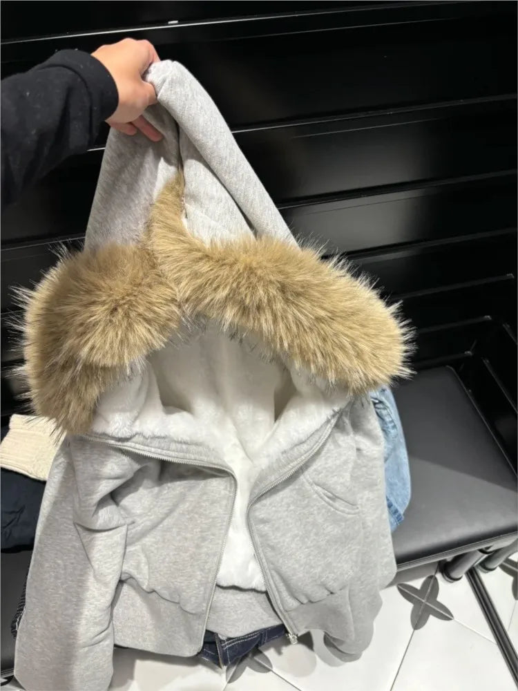 Fleece Lined Plush Hooded Coat Women Autumn Casual Slim Pocket Cotton Warm Fur Collar Crop Tops Sweet Preppy Style Chic Cardigan