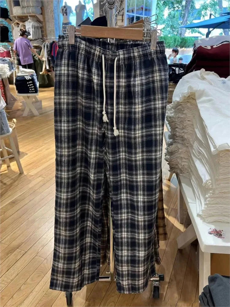 Vintage Plaid Drawstring Sweatpants Women New Cotton Elastic Waist Straight Baggy Comfort Pants Casual Sweet Sports Trousers Y2K