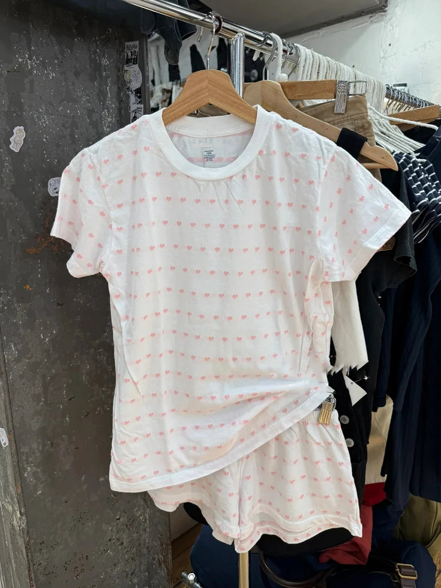 Pink Heart Print T-shirt Shorts Sets Women Cotton O-neck Slim Tees +Buttons Straight Sweatshort Sweet Cute Home 2 Pieces Outfits