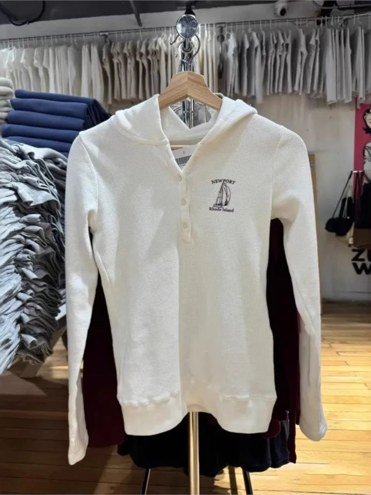 White Buttons Long Sleeve T-Shirts Women Waffle Casual Streetwear O-Neck Loose Hoodies Tops Vintage Sweet Preppy Style Tees Y2K