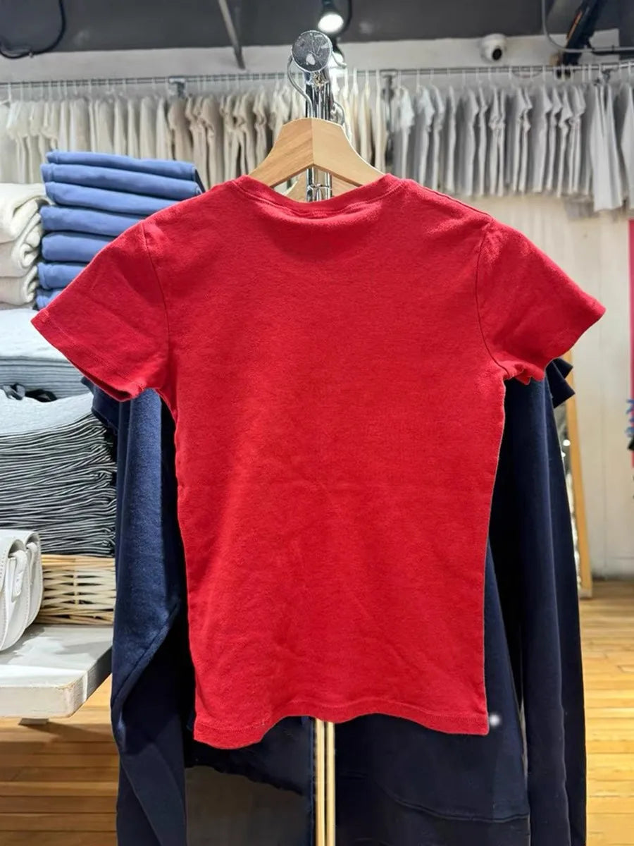 Vintage Red Letter Flag Embroidery Cotton T-shirt Women O-neck Summer Short Sleeve Tee Shirt American Slim Casual Crop Y2K Top