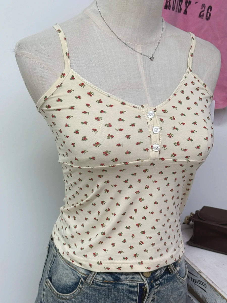 Red Floral Button Camisole Women Summer Casual Streetwear Slim Sleeveless Tank Tops Sweet Vintage Simple Vests Y2K