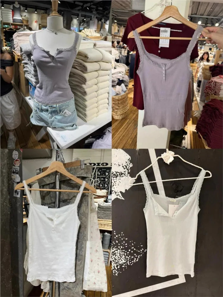 Lace Trim Ribbed Slim Camisole Women Casual Chic Cotton Buttons Sleeveless Vest Sweet All-match Simple Cropped Tank Tops Y2K