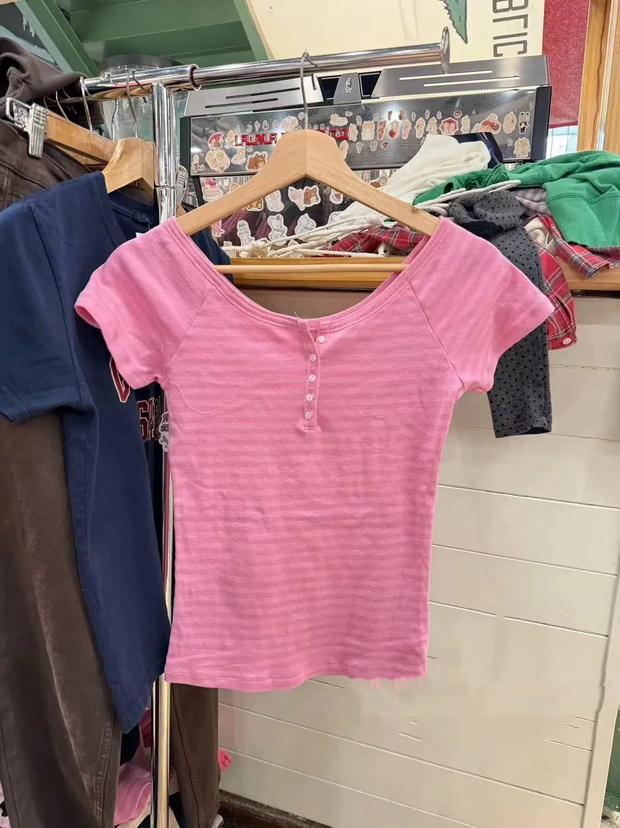 Pink Striped Button T-shirts Women Summer Cotton Slim Preppy Style Cute Crew Neck Short Sleeve Tees Sweet Fashion Y2K Tshirt