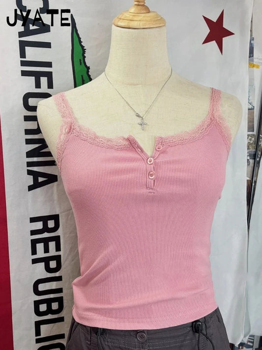 Harajuku Rose Red Lace Trim Sleeveless Vest Women New Cotton RIbbed Buttons Slim Cropped Tank Tops Sweet Chic Basic Camisole Y2K