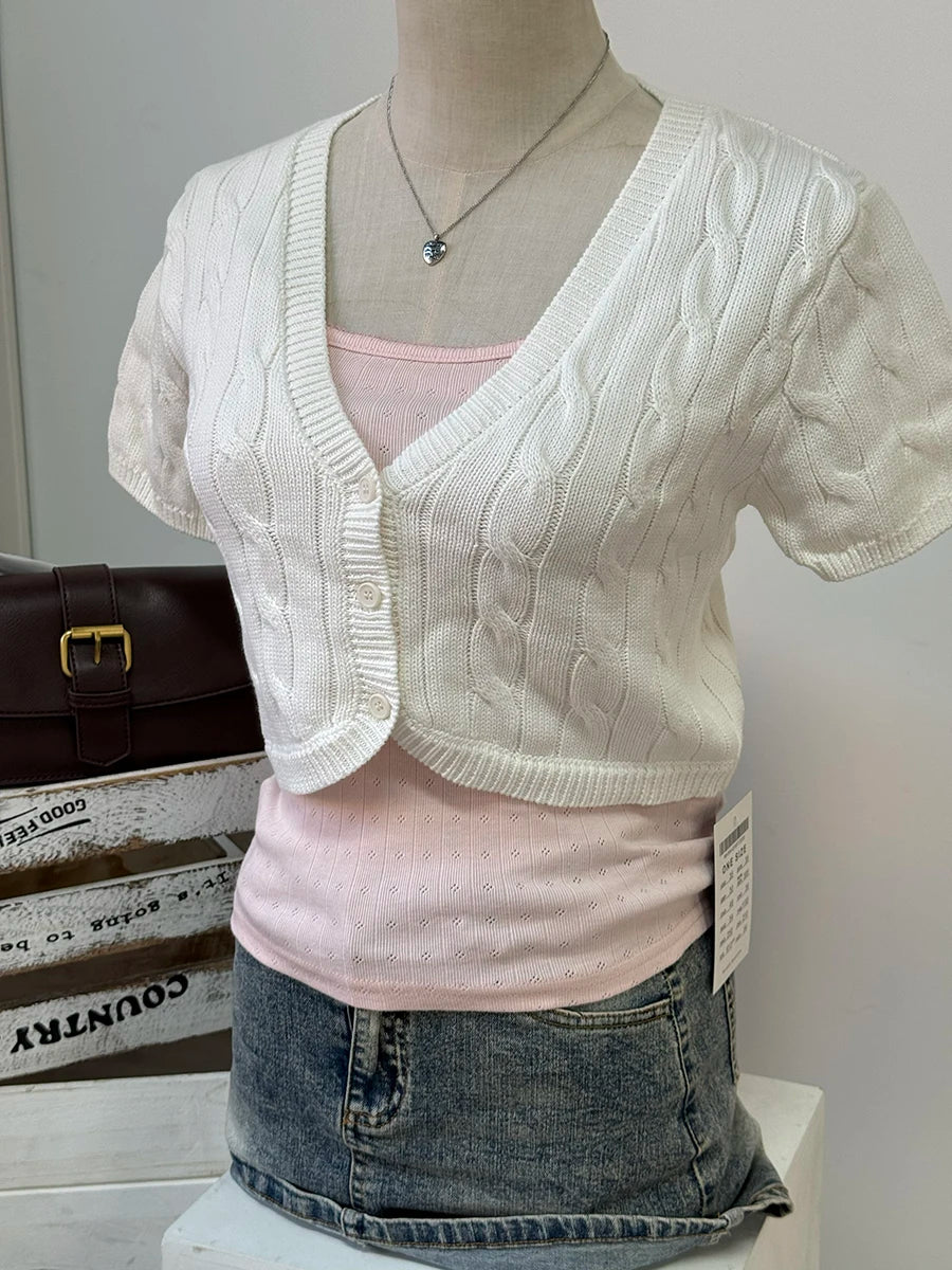 Twisted Flower Cropped Knitwear Women Cotton V-neck Single Breasted Long Sleeve Slim Crop Tops Vintage Chic Sweater Cardigan Y2K