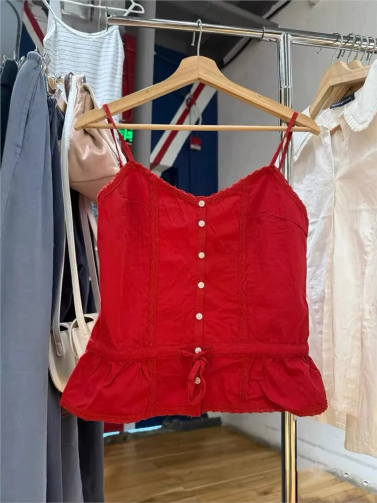 Red Lace Trim Cotton Tank Tops Women Summer New Casual Lace-up V-neck Sleeveless Vests Female Vintage Sweet Cute Camisole Y2K