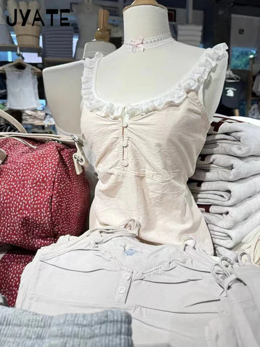 Pink Striped Buttons Tank Tops Women New Casual V-neck Lace Trim Preppy Style Sleeveless Vests Sweet Cute Vintage Camisole Y2K