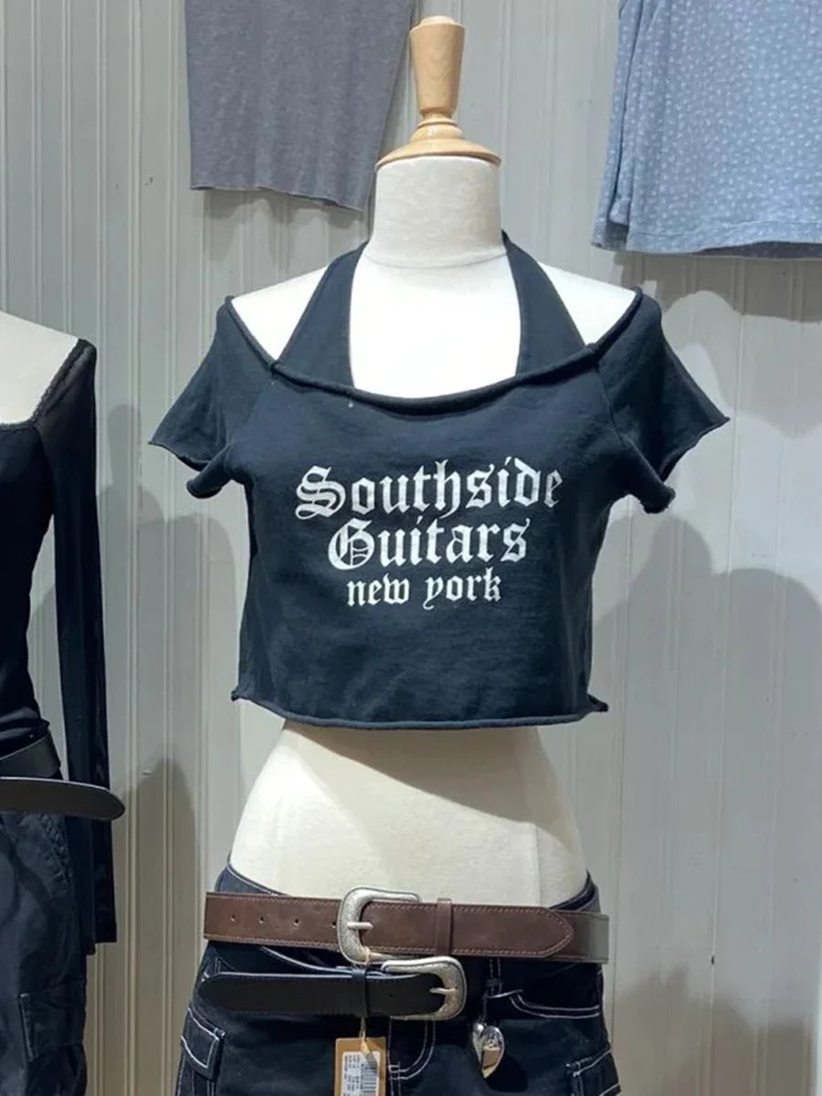 Letter Print Slash Neck T-shirts Women Summer New Black Raw Hem Cotton Short Sleeve Tees Vintage Cute Harajuku Tshirt Y2K Tops