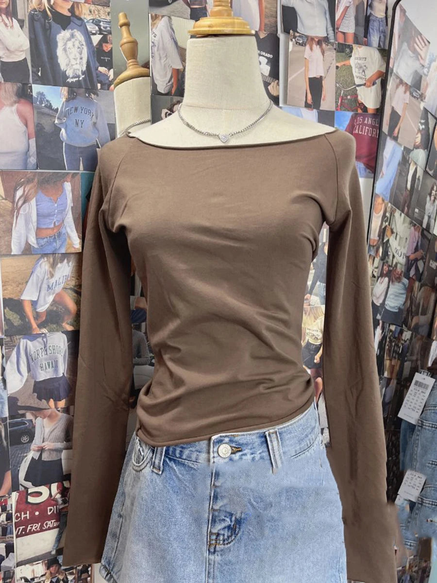 Women's Sexy Slim Raw Trim T-shirts Cotton Casual Streetwear Slash Neck Long Sleeve Tee Chic Harajuku Y2K Crop Top Vintage Mujer