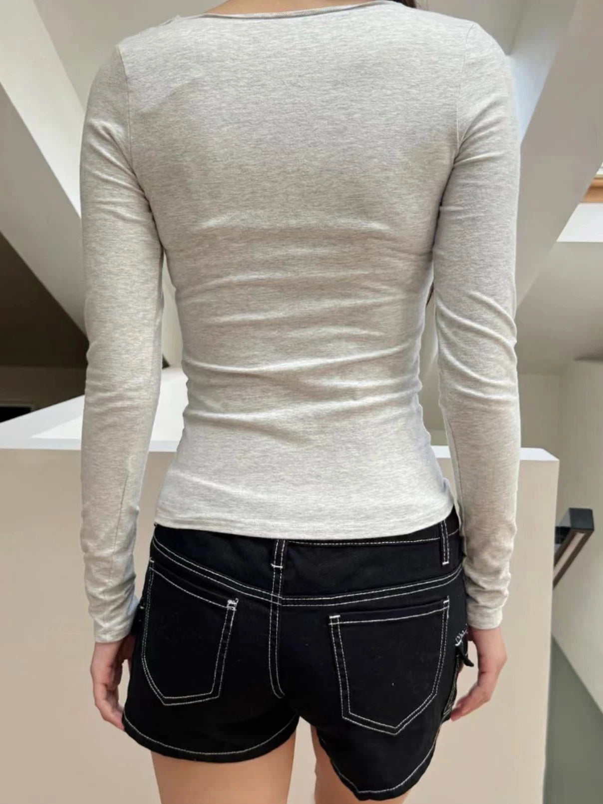 Gray Folds Bow V-neck Long Sleeve T-shirt Women Cotton Lace Trim Slim Tee Shirt Female Sweet Preppy Style Basic Tshirt Y2K Tops