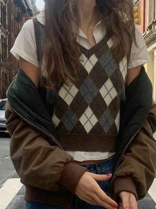 Argyle V-neck Knitted Vests Women Autumn Cotton Soft Casual Sleeveless Pullover Tank Tops Vintage Streetwear Chic Slim Sweaters