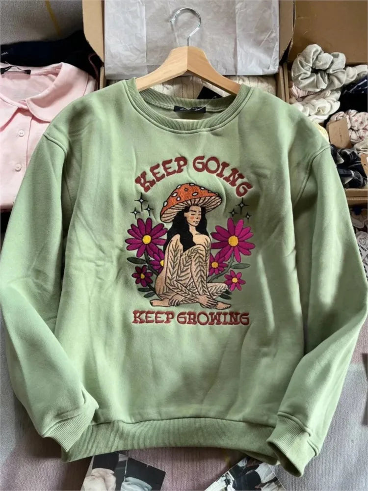 Y2K Mushroom Girl Embroidery Woman's Sweatshirt O-neck Long Sleeve Cotton Fleece Sport Pullovers Autumn Sweet Cute Hoodie Tops