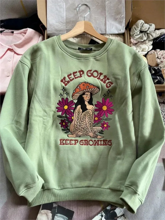 Y2K Mushroom Girl Embroidery Woman's Sweatshirt O-neck Long Sleeve Cotton Fleece Sport Pullovers Autumn Sweet Cute Hoodie Tops