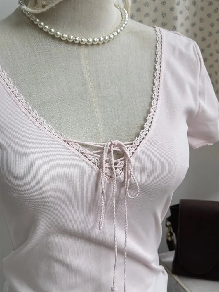 Pink Lace Trim Slim T-shirts Women Summer Streetwear Cotton Lace-up V-neck Short Sleeve Tees Cute Sweet Simple Chic Tshirts