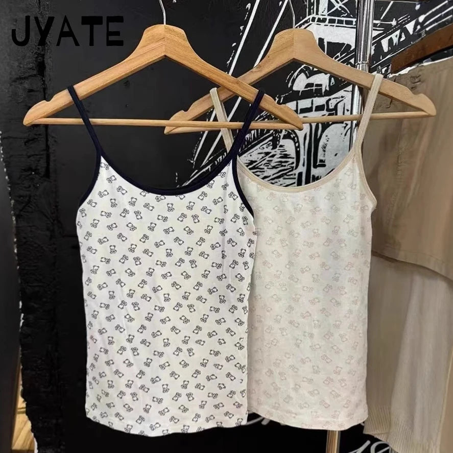Cute Little Bear Print Slim Tank Tops Women New Casual Patchwork Sleeveless Vests Femme Streetwear Sweet Preppy Style Camisole
