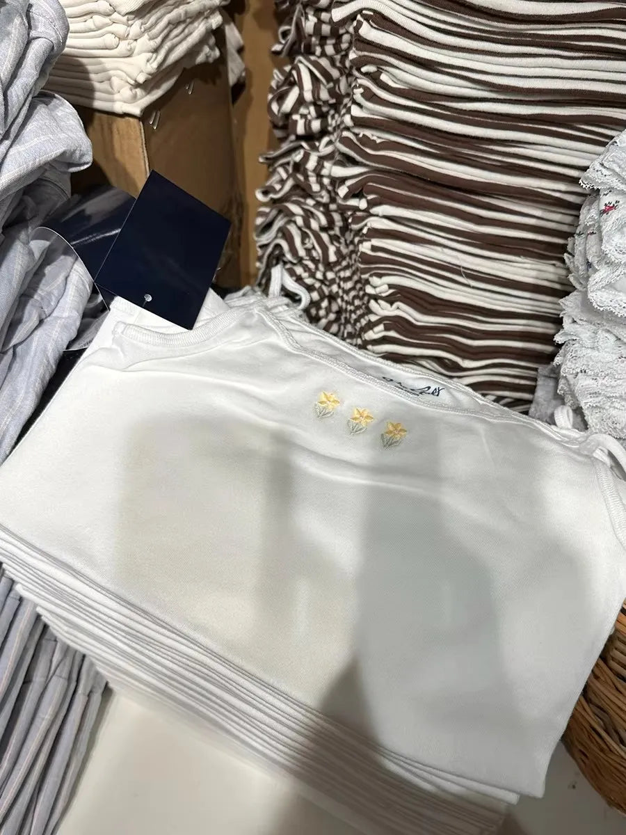 Three Floral Embroidery Slim Tank Top Women Preppy Style Lace Trim Cotton Camisole Female Vintage Sweet Cute Crop Top Y2K Vests