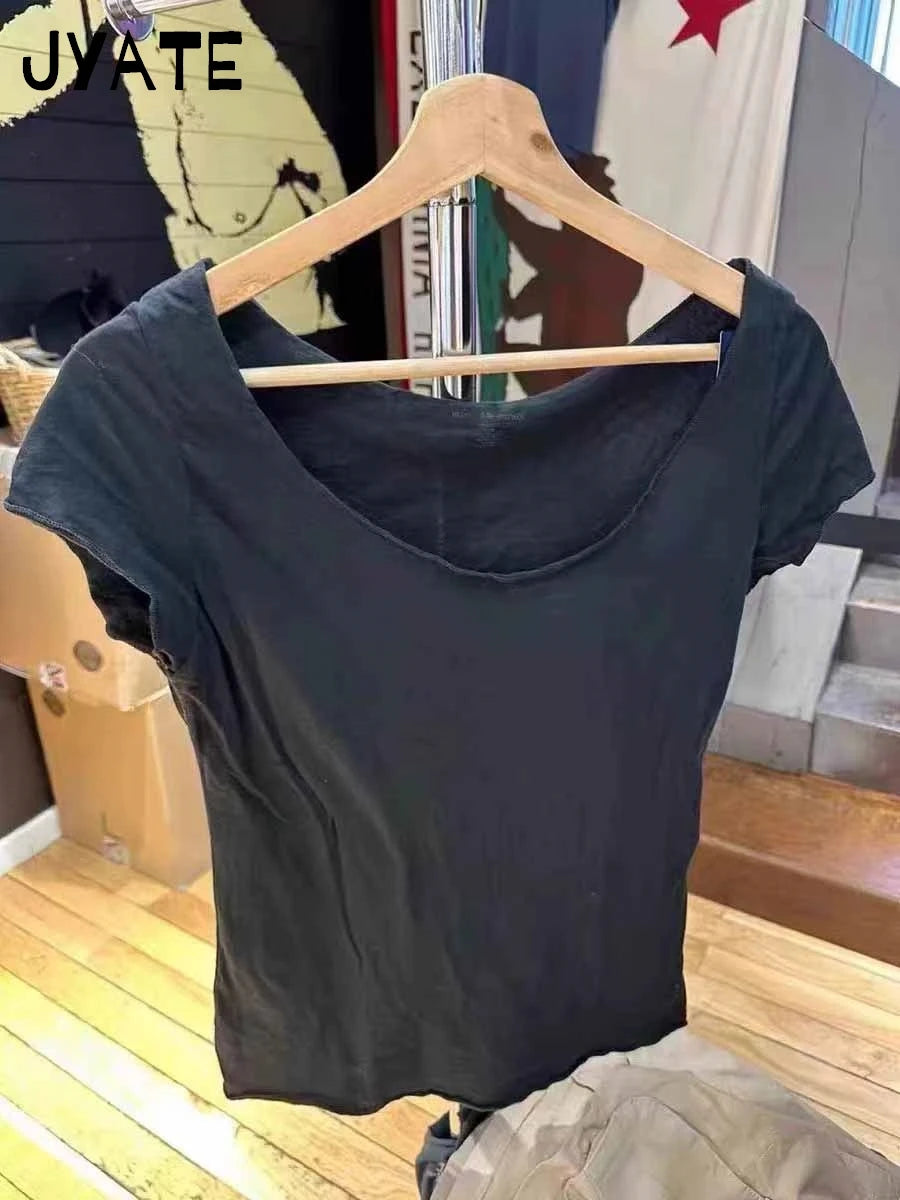 Simple Raw Hem Crew Neck Short Sleeve Tees Women Casual Cotton Soft Thin Sexy Chic Basic Tops Streetwear Vintage Sweet T-shirts
