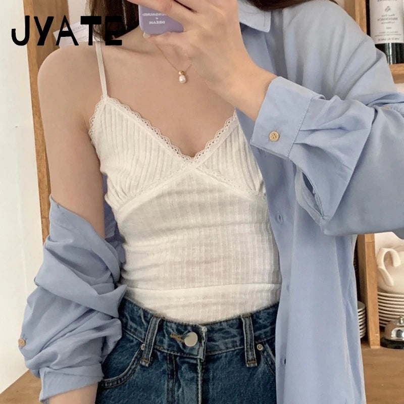 Sweet Solid Lace Trim V-neck Tank Tops Women New Summer Cotton Chic Slim Cropped Sleeveless Vests Vintage Basic Cute Camis Y2K