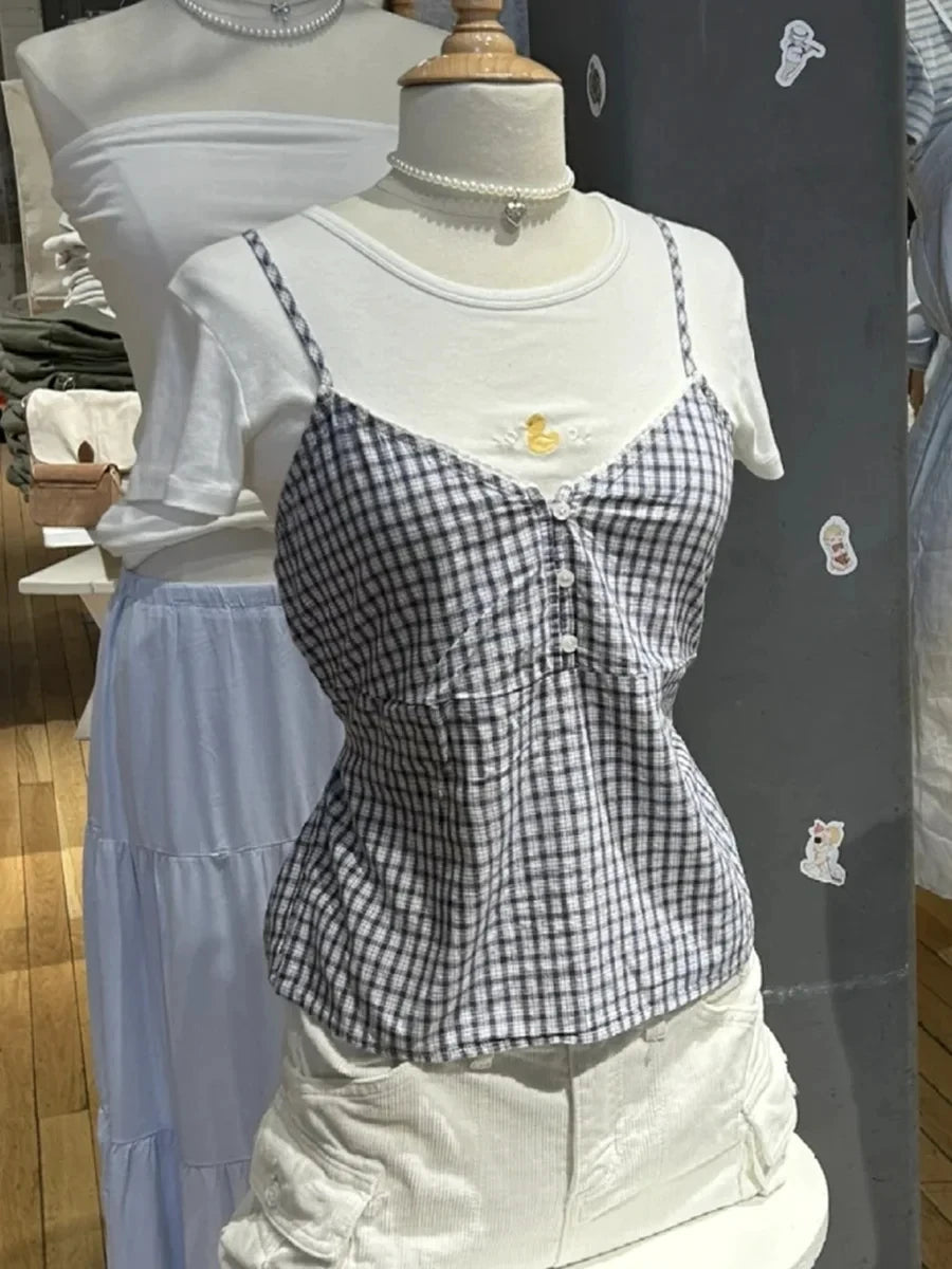 Red Plaid Buttons V-neck Camis Women Summer Casual Lace Trim Slim Simple Sleeveless Vests Vintage Sweet Preppy Style Tank Tops