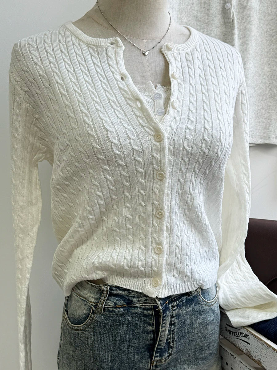 Brown Twsit Cardigan Women Spring Simple Casual Cotton Slim Button Long Sleeve Sweater Vintage Chic Preppy Style Sweaters Y2K