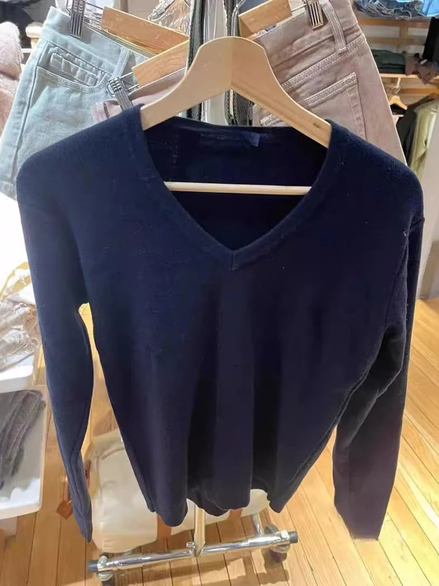 Navy V-Neck Vintage Knitted Sweater Women Autumn Winter Casual Cotton Long Sleeve Pullover Jumper Simple Slim Streetwear Top Y2K
