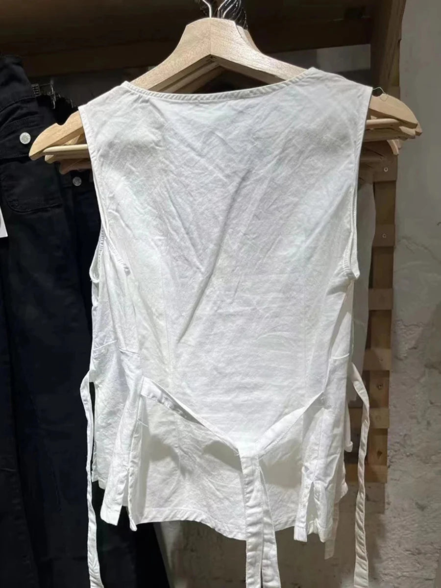 Simple Sexy Deep V-neck Tank Tops Women Summer New Cotton Soft White Lace-up Slim Sleeveless Tees Vintage Streetwear Sweet Vests