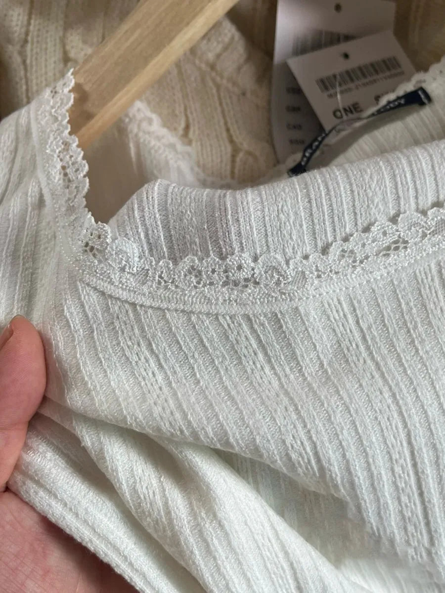 Textured Ruffle White Slim T-shirt Women Summer Lace Trim Scoop Neck Cotton Short Sleeve Tees Cute Sweet Preppy Style T-shirts