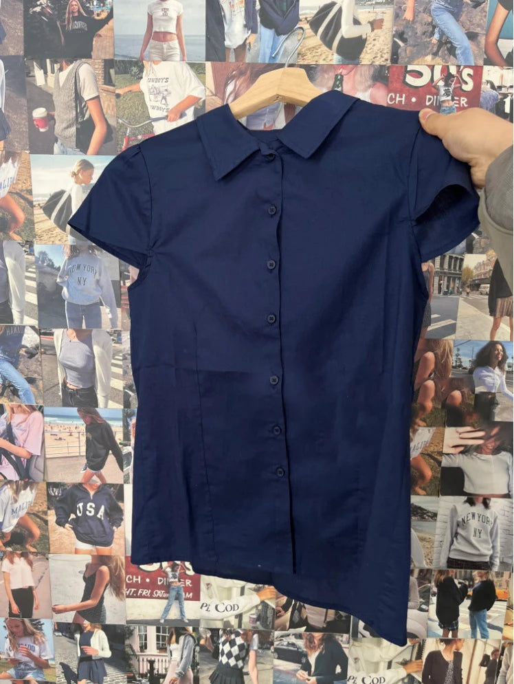 Retro Red Buttons Blouse Women Summer New Streetwear Lapel Short Sleeve Tees Sweet Vintage Cute Preppy Style T-shirts Y2K Tops