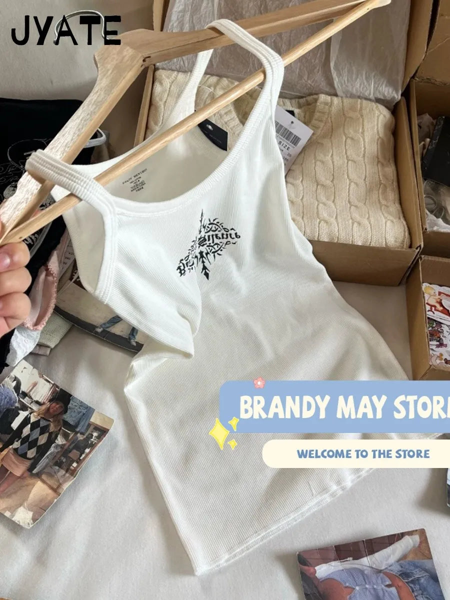 Retro Letter Print Ribbed Tank Tops Women Summer New Slim Casual Simple U-neck Sleeveless Vests Sweet Cute Vintage Camisole Y2K