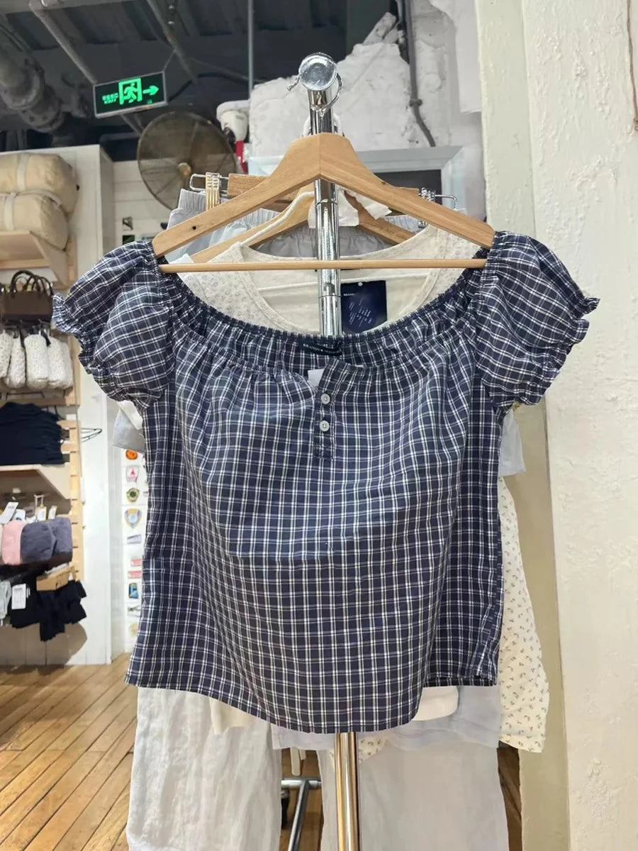Red Plaid Ruffle Lace-up Cotton Short Sleeve Tees Women Casual Streetwear Button Tops Female Vintage Sweet Cute Y2K T-shirts
